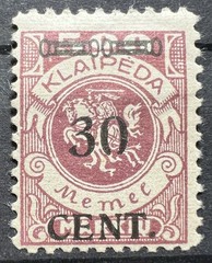 KLAIPEDA 1920-1923 Memel Territory Germany 30 Centimes Black Overprint Stamp MH