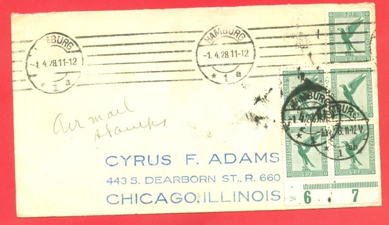 Germany Reich 5 Pf Eagle Air Mail Plate Block of 5 on HAMBURG Cover to USA 1928