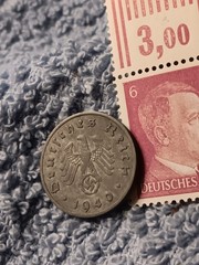 1940 German 10 Pfenning ~ km#101 , WW2 Germany ~ + 6pf. Stamp, Has Flaws