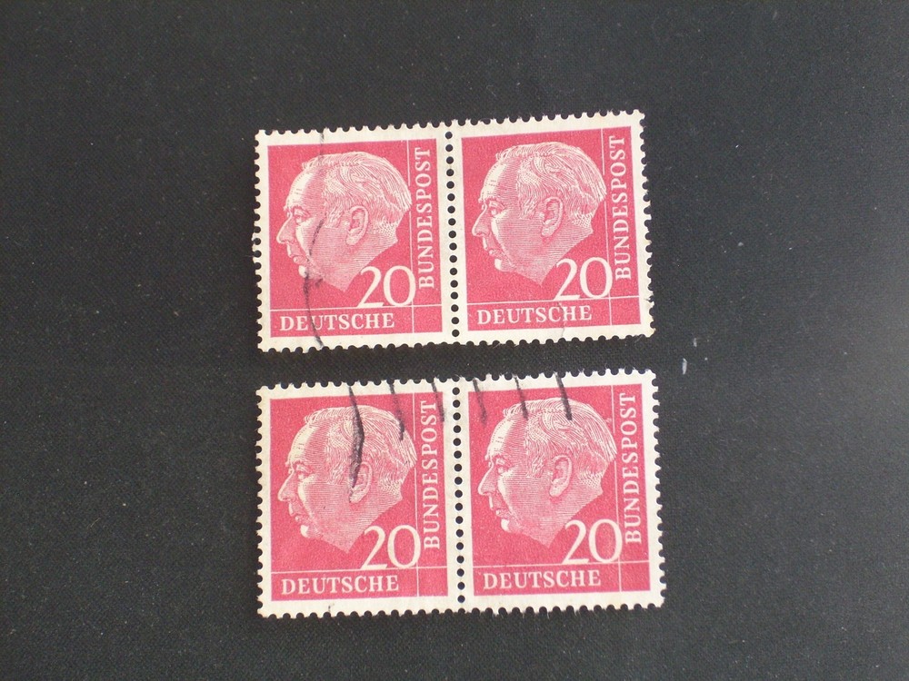 GERMAN STAMPS 2 PAIR 20D RED DEUTSCHE BUNDESPOST N63 1954,THEODORE HEUSS,PRES.