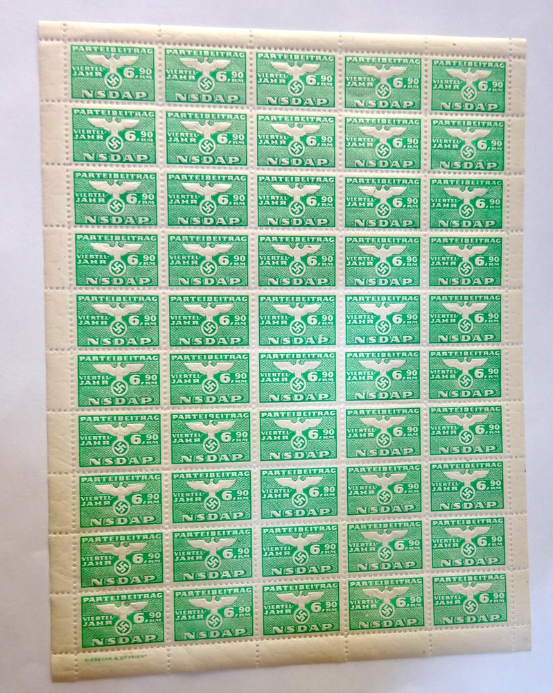 German 3RD reich NSDAP 6.90 Party dues mint sheet 50 stamps 1940s green oop