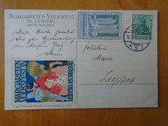 Germany 1912 Official used Leipzig Margareten Fest flugpost postcard + vignettes