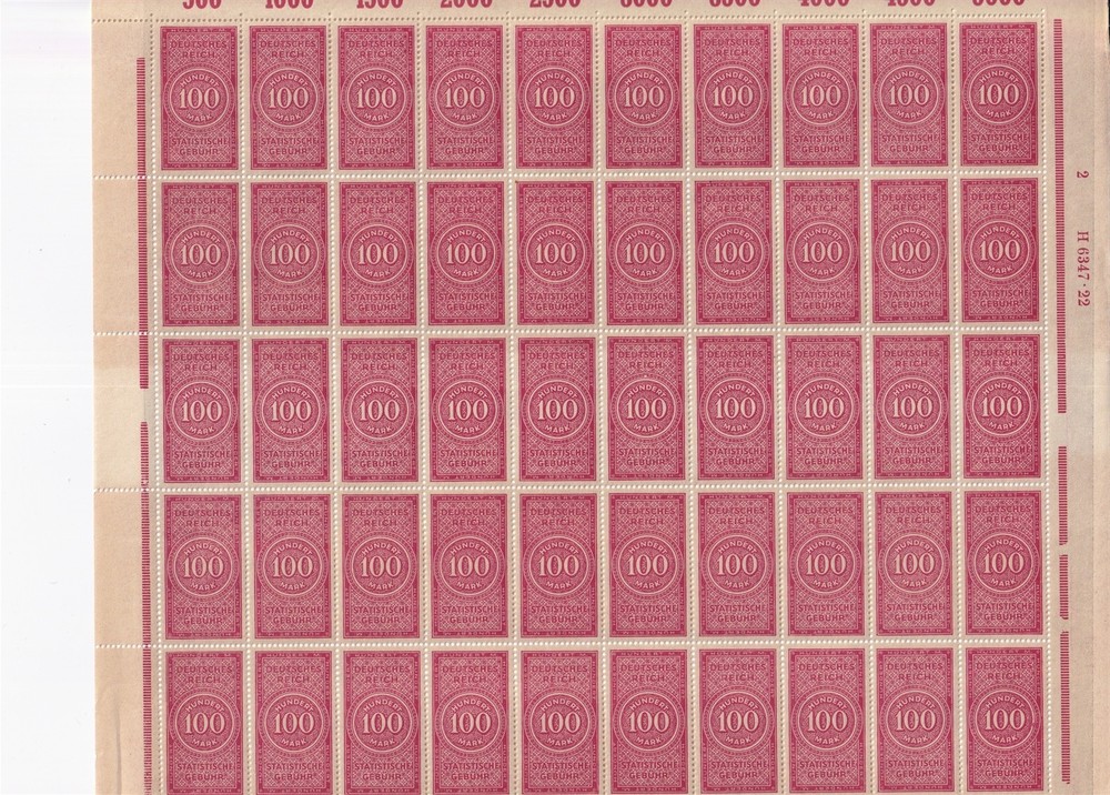 Stamp Germany Reich Revenue Full Unfolded Sheet Tax 100 MNH