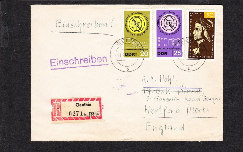 Commercially USED Germany DDR Registered 0271b Genthin 1965 to England z39