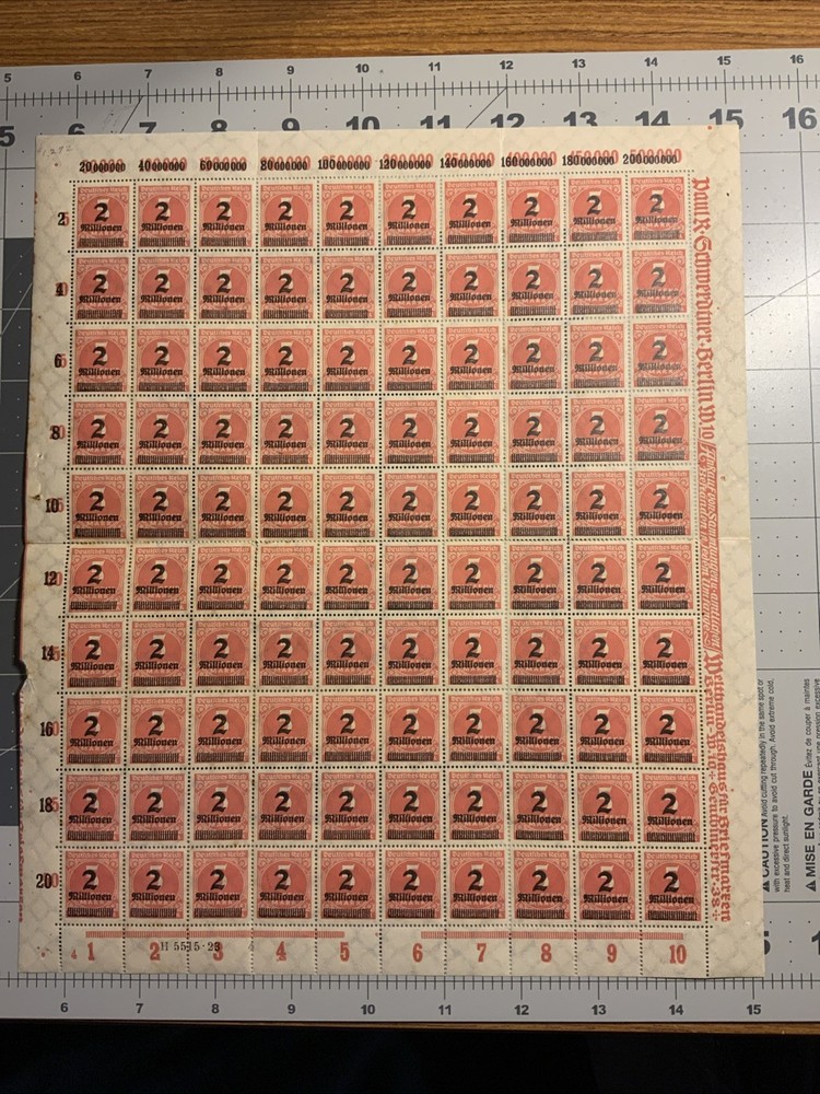 RARE German Stamp Deutches Reich 1923 5 Mark 2 Million Overprint Inflation Sheet