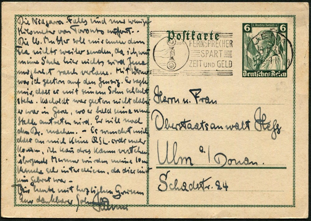 Germany Thuringia Jena 1935 Stationery Postal Card to Ulm Donau Personal Message