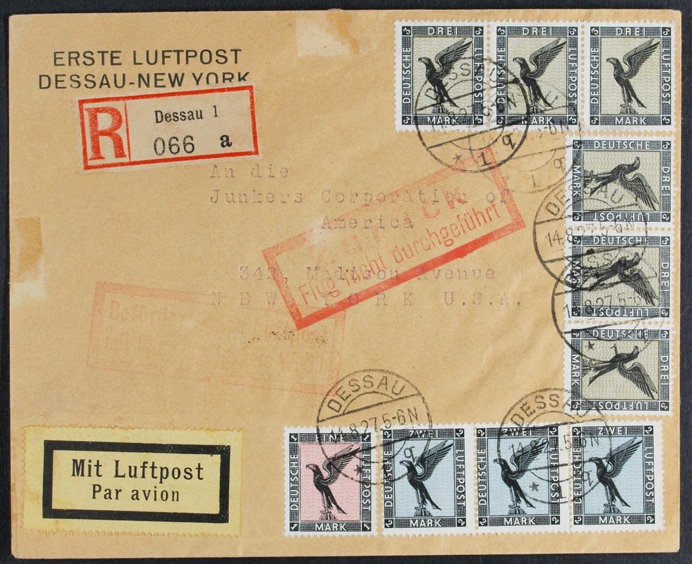 GERMANY to USA 1927 Enormous High Franked 25 M Cover for Airmail FFC Dessau NY