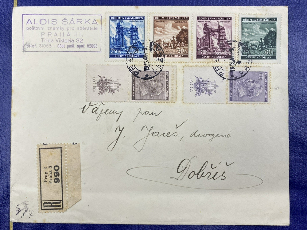 1941 BOHEMIA & MORAVIA TAB REGISTERED PRAGUE TO DOBRIS, Czech Republic.