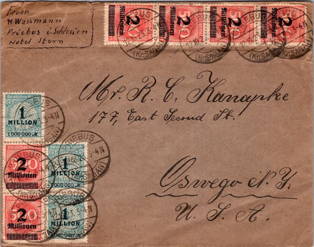 GERMANY 1923 POSTAL HISTORY INFLATION COVER MULT FRANK ADDR USA POSTMARK PRIEBUS