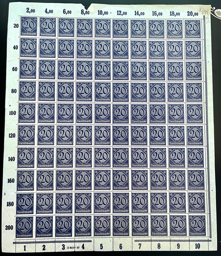 Germany O5 / 1920-1921 20pf Official Stamps / Full Sheet / MNH / Imperfection
