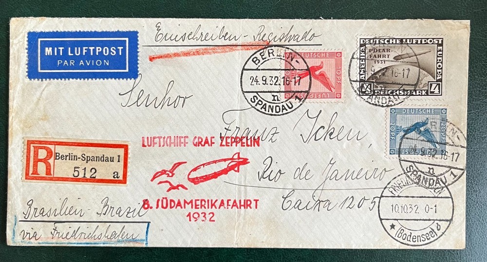 Zeppelin cover RARE 1932 8. Südamerikafahrt with Polar Fahrt 4 RM