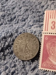 1940 German 10 Pfenning ~ km#101 , WW2 Germany ~ + 6pf. Stamp, Has Flaws