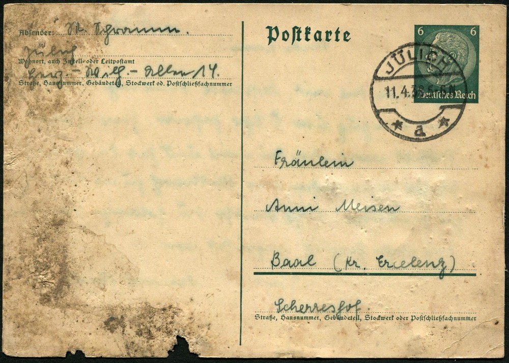 Germany 1938 North Rhine-Westphalia Jülich Stationery Postal Card to Baal