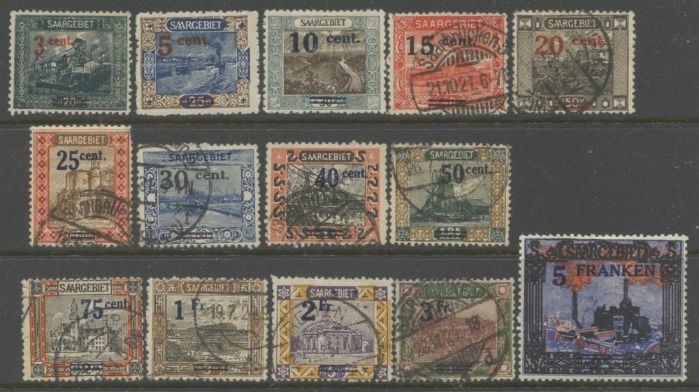SAAR Sc#85-98 1921 French Currency Overprint Complete Set Used & Mint