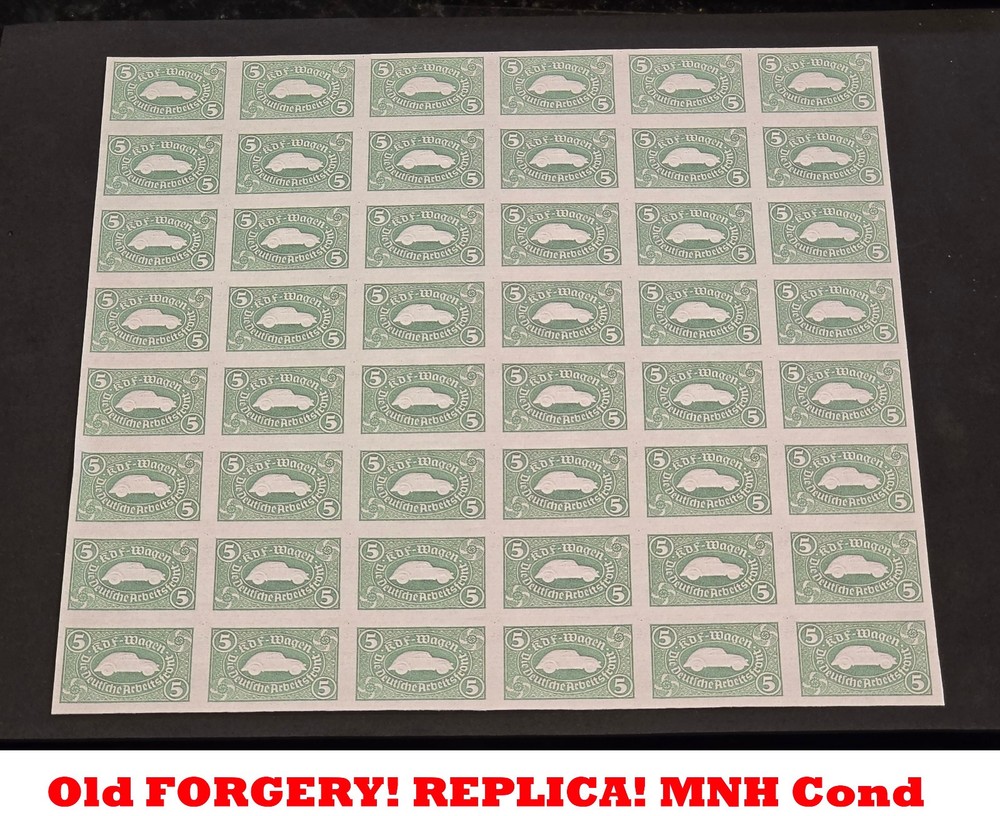 VW VOLKSWAGEN BUG BEETLE FULL SHEET MNH FORGERY REPLICA WWII WW2 German stamps