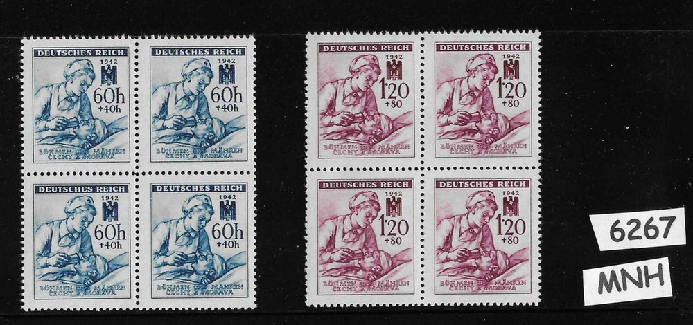 Stamp block set MNH / 1942 Germany WWII / Red Cross & Nurse with Wounded soldier