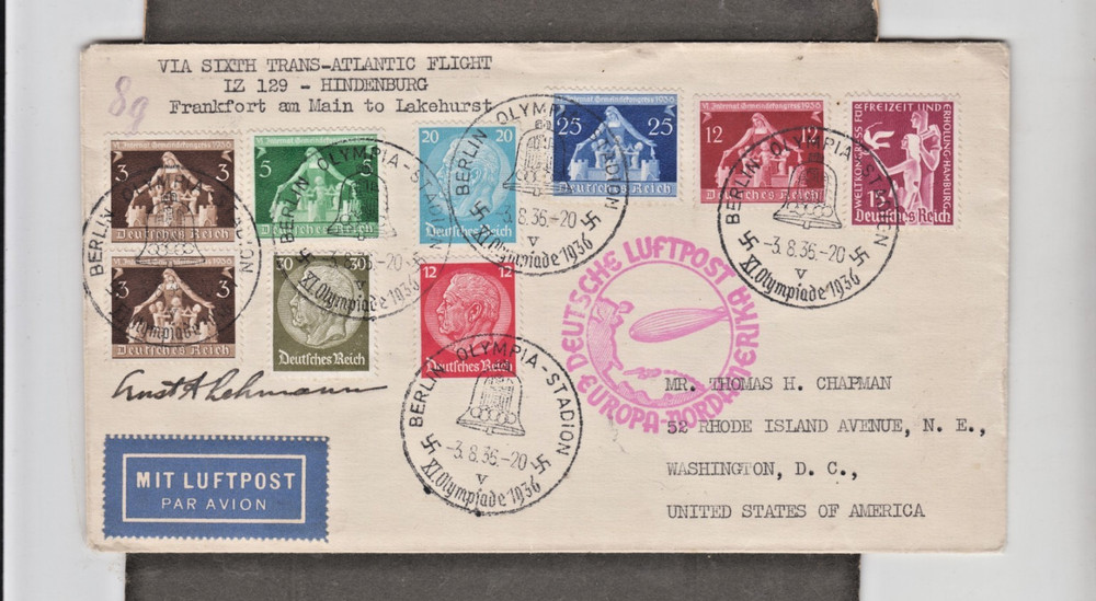 SUPERB 1936 GERMANY HINDENBURG, LZ 129 COVER-SIGNED-E.A.LEHMANN,CAPTAIN,OLYMPIC