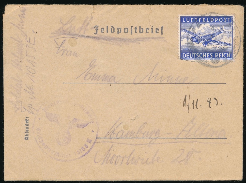 Germany WWII 1943 Luftfeldpost Cover & Original Letter Airplane Stamp Feldpost
