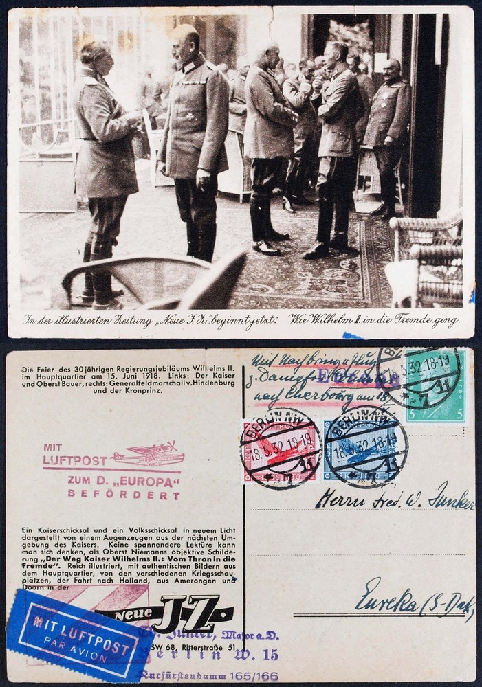 GERMANY to USA 1932 Catapult Plane/Ship Flight Card Steamer EUROPA to Eureka !!