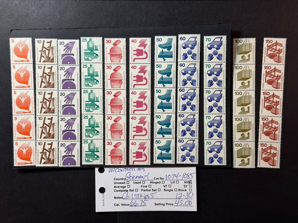 Germany # 1074 – 1085 MNH Coil Strips 5 2026 Scott Catalogue Value $ 66.75