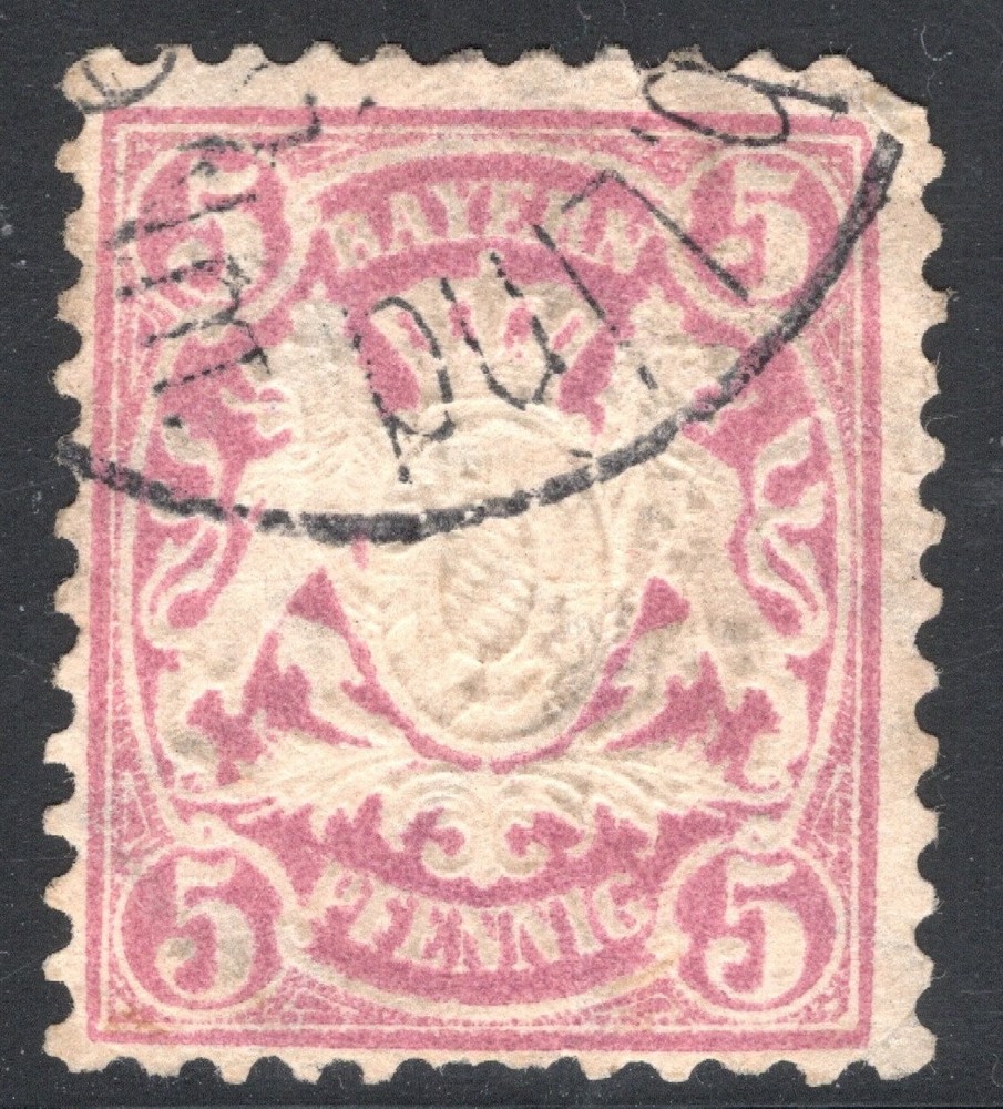 Bavaria Stamp Scott #40, 5pf, Arms, Embossed, Lilac, 1876, Used, SCV$20.00