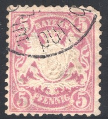 Bavaria Stamp Scott #40, 5pf, Arms, Embossed, Lilac, 1876, Used, SCV$20.00