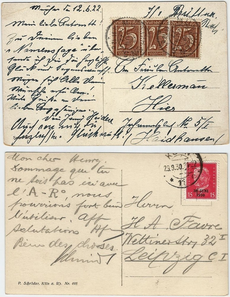 Germany 2 used postcards 1922&1930, one with 1921-2 issue 25pf x 3 stamps (good