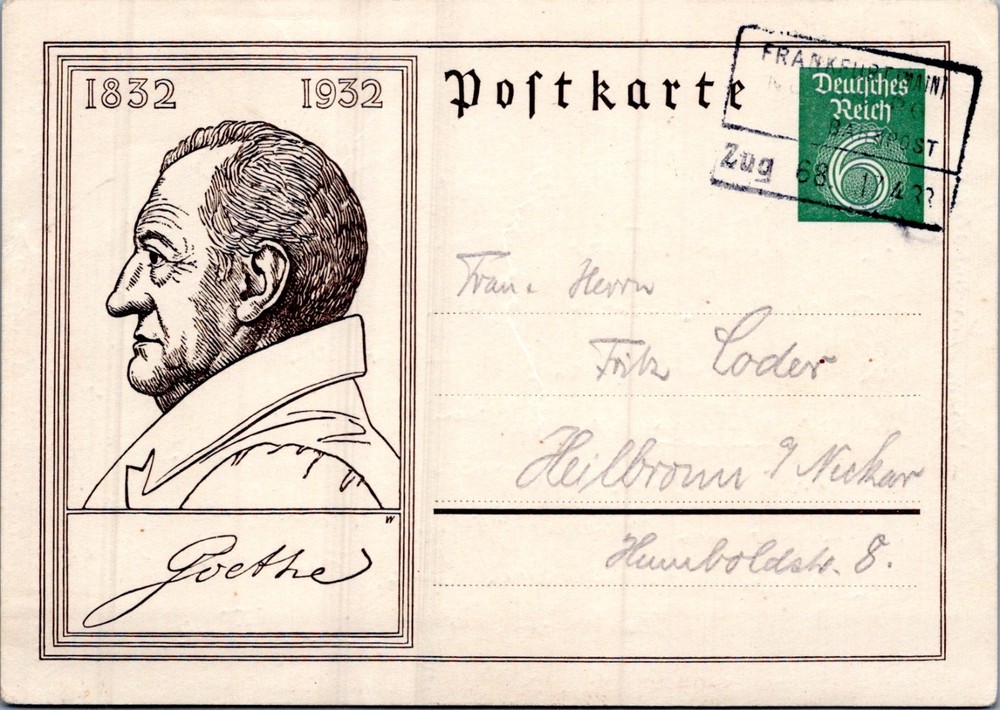 GERMANY 1923 CACHET COMM GOETHE STATIONERY POSTCARD ADDR POSTMARK FRANKFURT