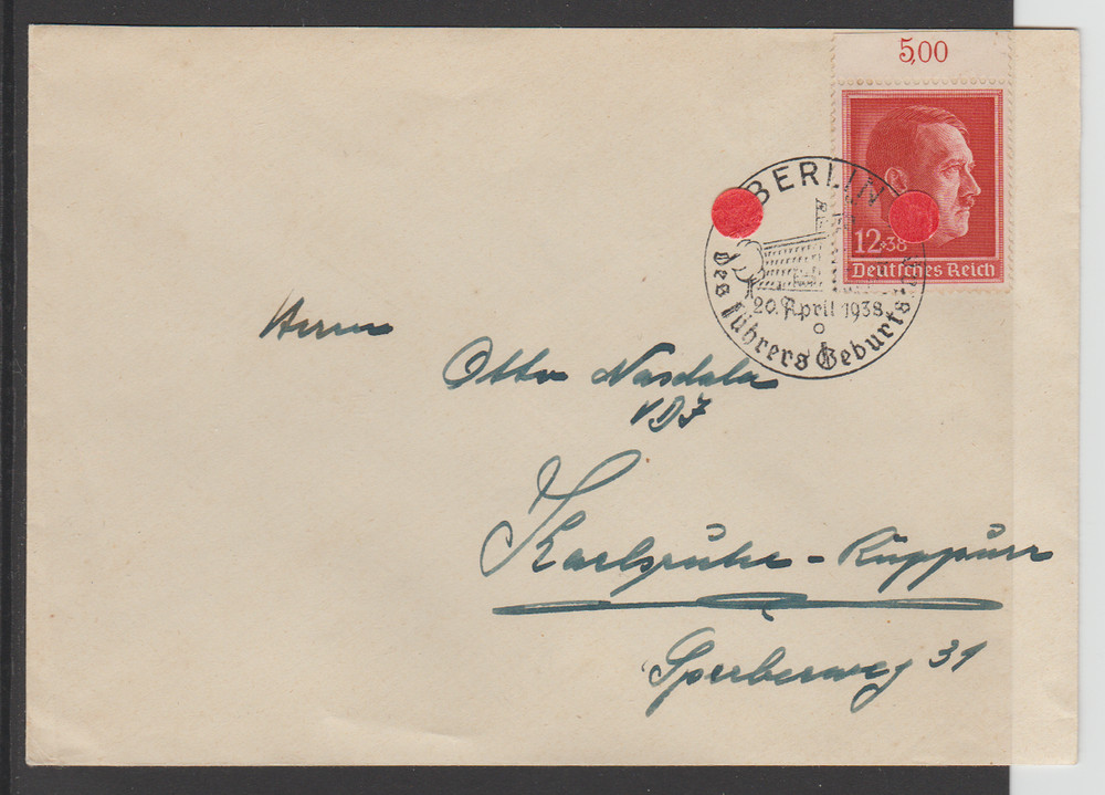 Germany:1938:Cover tied with 12pf + 38pf Carmine-red,Leader,Birthday Cancel,