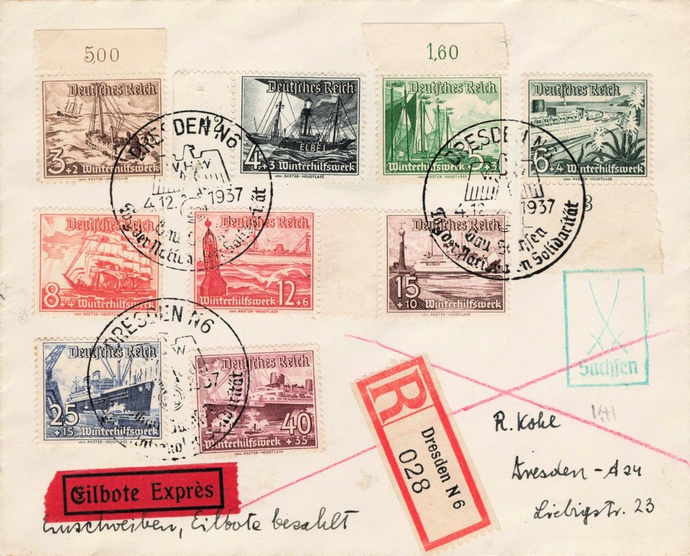 1937 Germany B107-B115 Complete Winter Relief Ships on Registered Express Cover