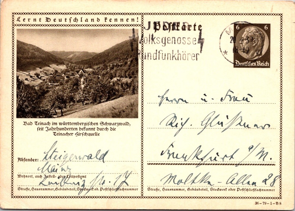 GERMANY 1937 POSTAL ILLUSTRATED STATIONERY POSTCARD ADDR FRANKFURT CANC MAINZ