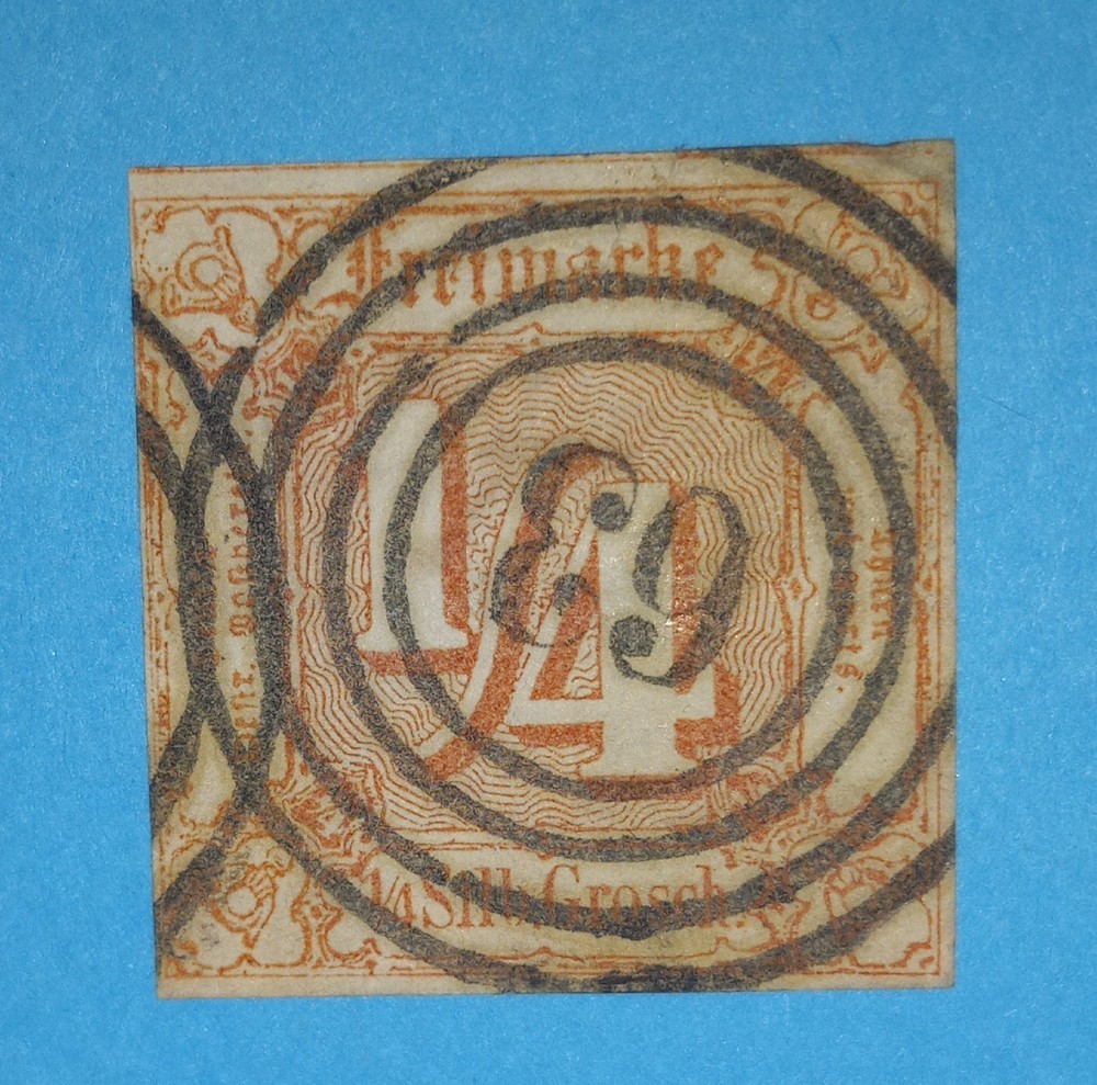 + 1860 Thurn and Taxis German States #8 A1 1/4gr 63 Tempelburg,Poland Imperf.