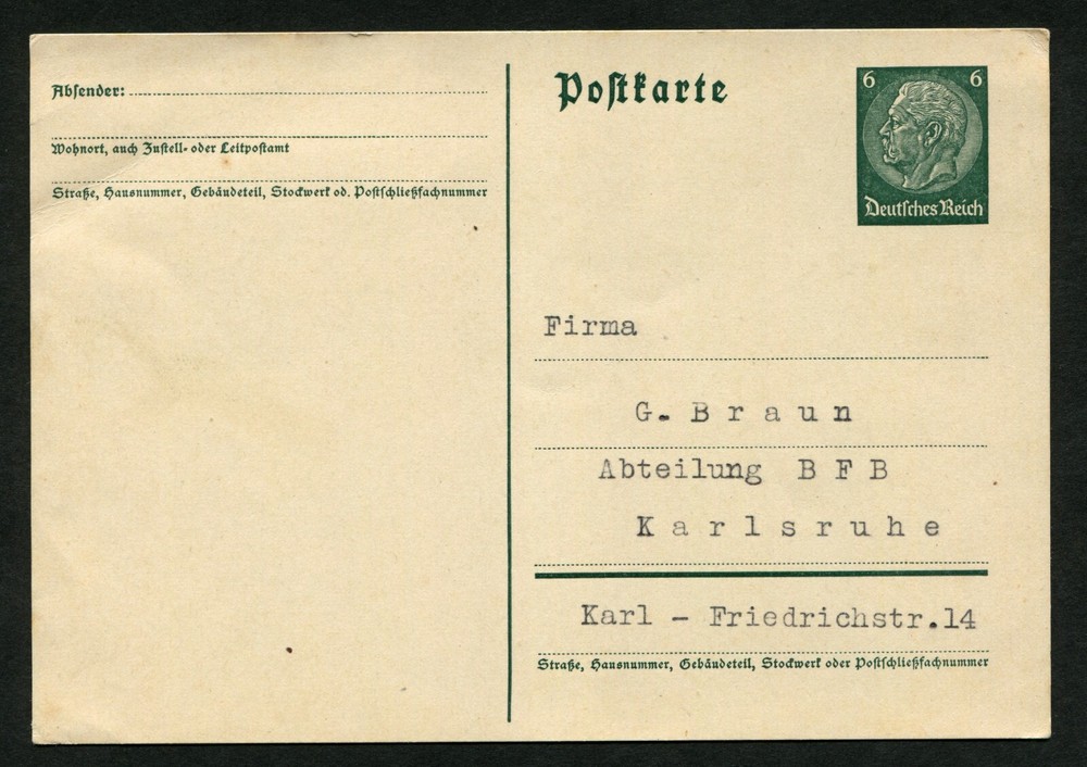 Germany Deutsches Reich Stationery Postal Card to Karlsruhe 6Pf Postage