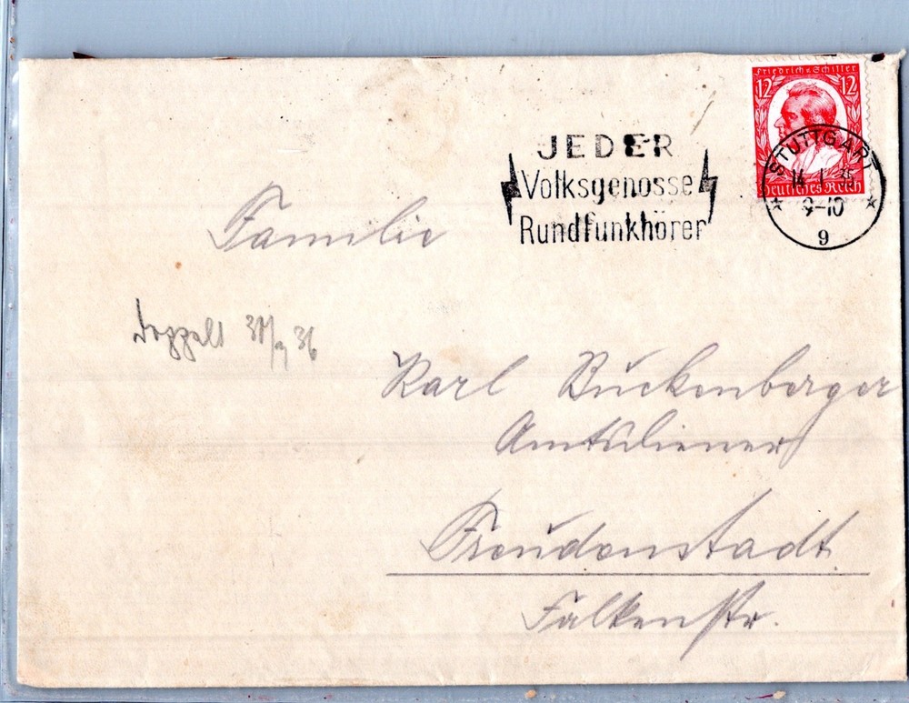 GERMANY 1935 POSTAL COVER BACK CINDERELLA 1PF ADDR & SLOGAN POSTMARK STUTTGART