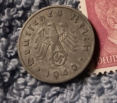 1940 German 10 Pfenning ~ km#101 , WW2 Germany ~ + 6pf. Stamp, Has Flaws