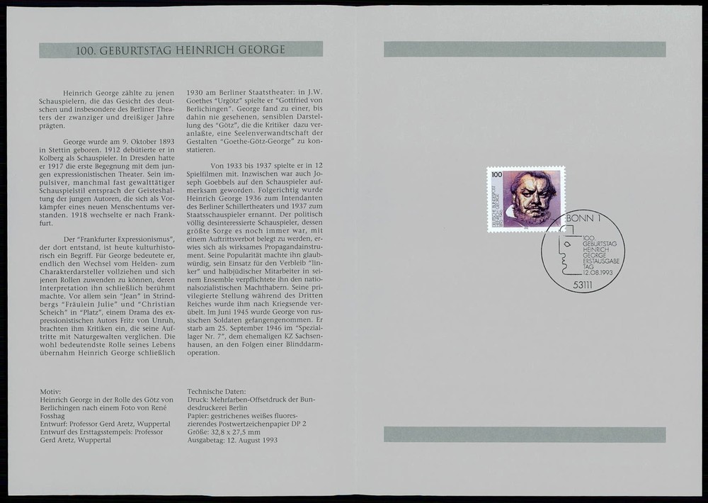 GERMANY FOLDER 1993/31 HEINRICH GEORGE SCHAUSPIELER