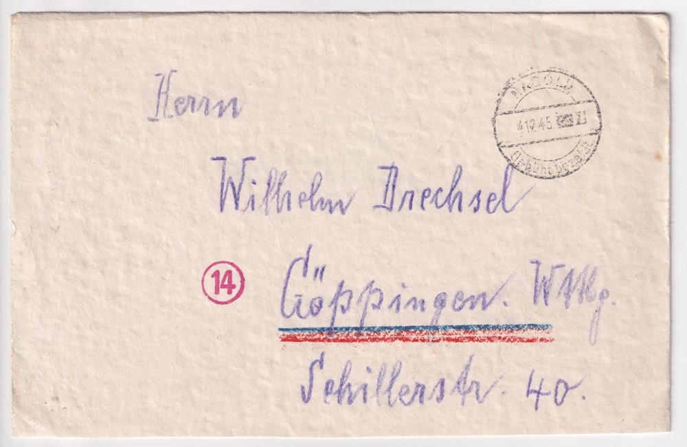 Post WW2 Germany cover Nagold (Landkreis) 1945 to „Wilhelm Drechsel“ Goppingen