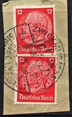 Historic pair of 12 GR Red “ Paul Von Hindenburg in the medallion “ Germany 1933
