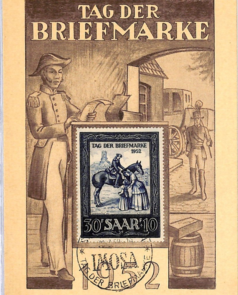 SAAR FDC *TAG DER BRIEFMARKE* 1952 Card IMOSA Saarbrücken Germany HORSES XM104