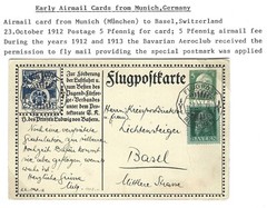 GERMANY BAVARIA 1912 AIR MAIL CARD FROM MUNICH TO BASEL, SWITZERLAND 5PF.