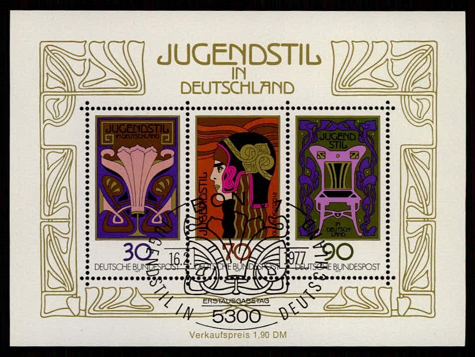 GERMANY 1977 BLOCK 14 used 1. DAY ART NOUVEAU JUGENDSTIL m5270