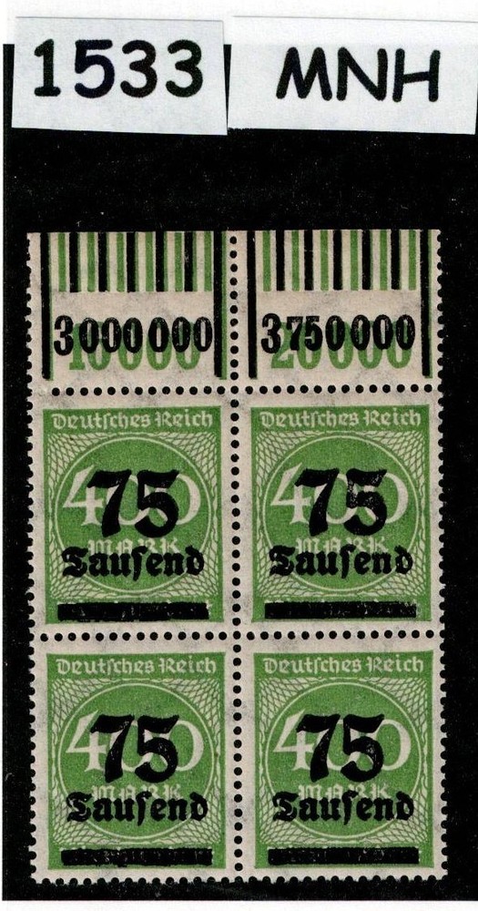 MNH block Overprint 75K over 400Mk Scott #251 Weimar German Republic 1923 #1533
