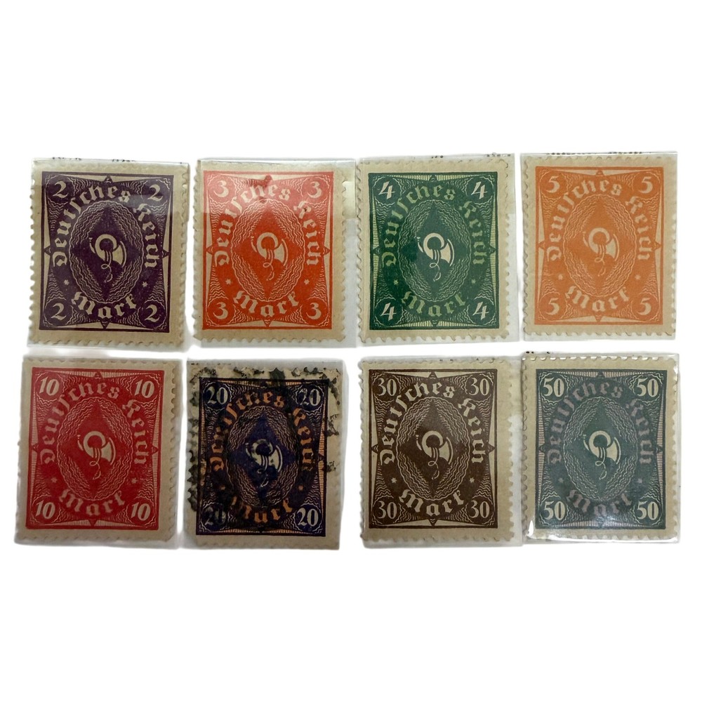 8 Vintage Deutsches Reich Post Horn Stamps 2-50 Mark German Weimar Republic Era
