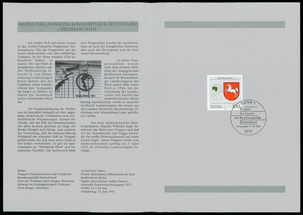 GERMANY FOLDER 1993/28 WAPPEN BLAZON NIEDERSACHSEN PFERD