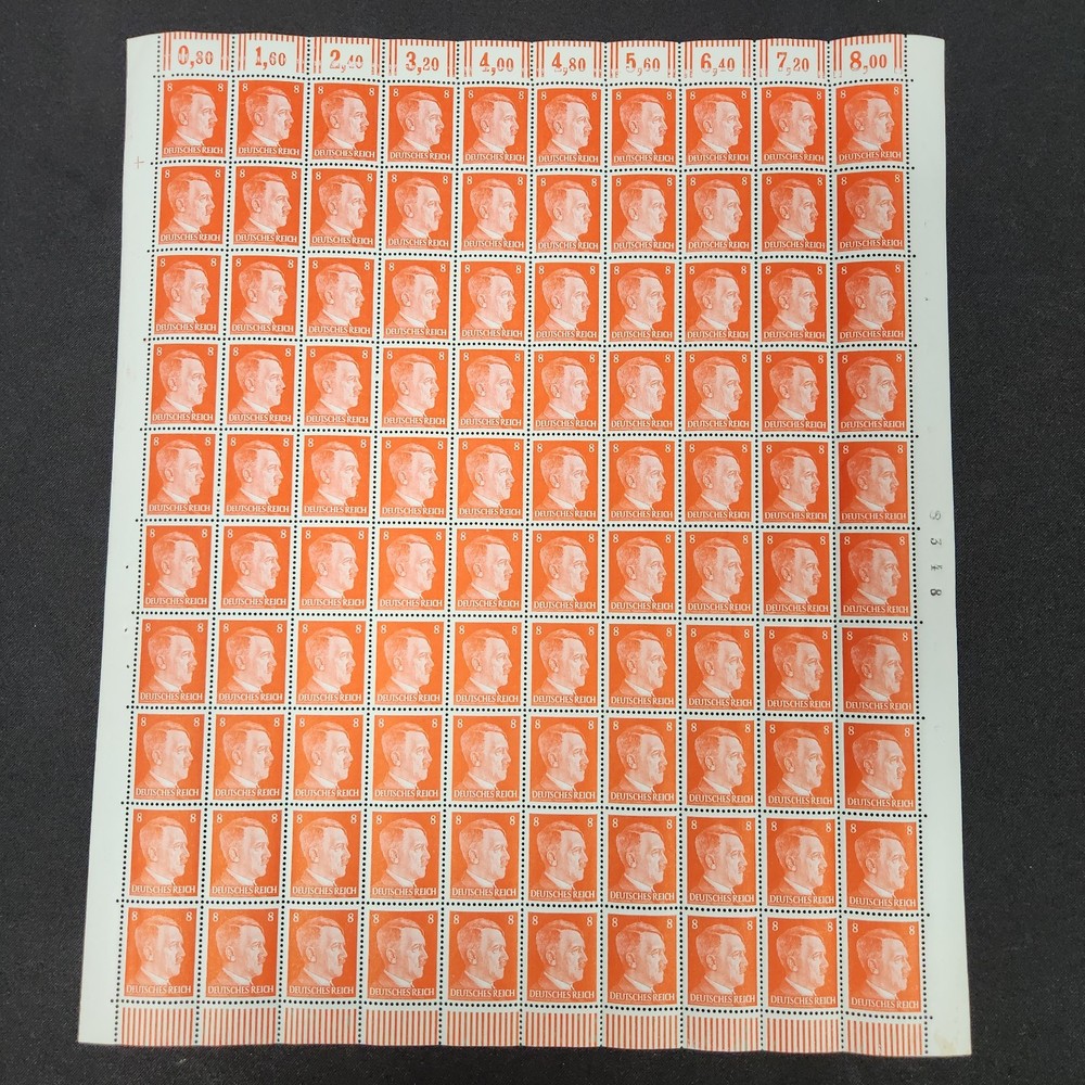 1941 8 Pfenning German Adolph Hitler Full Stamp Sheet WW2 Third Reich 109