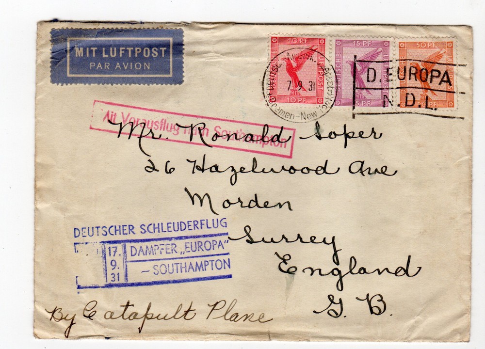 1931 Germany Seapost, Europa Bremen – Germany to Surrey UK – By Catapult Plane