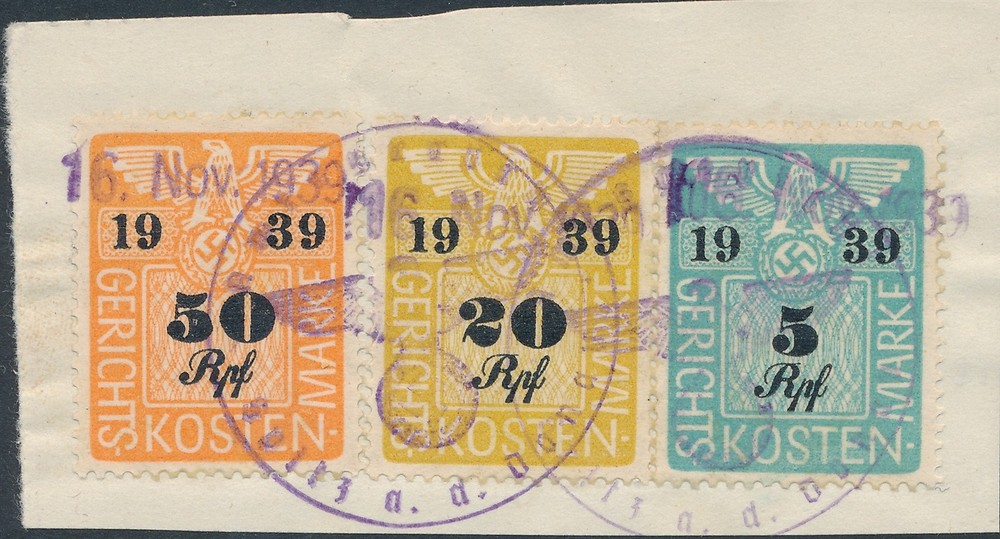 Lot Stamp Germany Poland Revenue WWII 1939 Court Document Fee Strip 3 RM Used