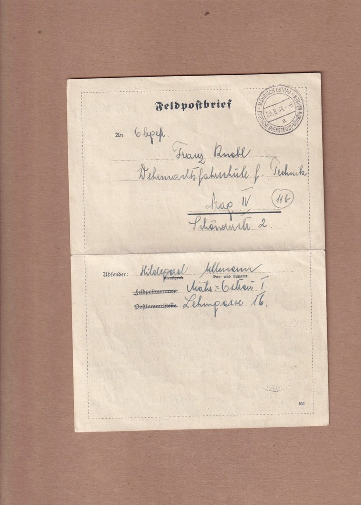 German Feldpost Lettersheet Mahrisch Ostrau – letter re: Fiance Killed to Prague