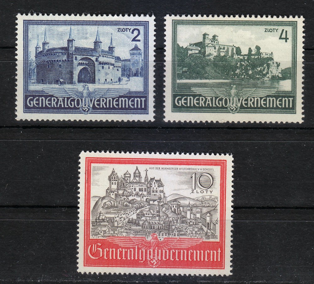 Poland WW2 German Occupation 1941 Mi 63-65 Sc N73-N75 Architecture of Cracow **