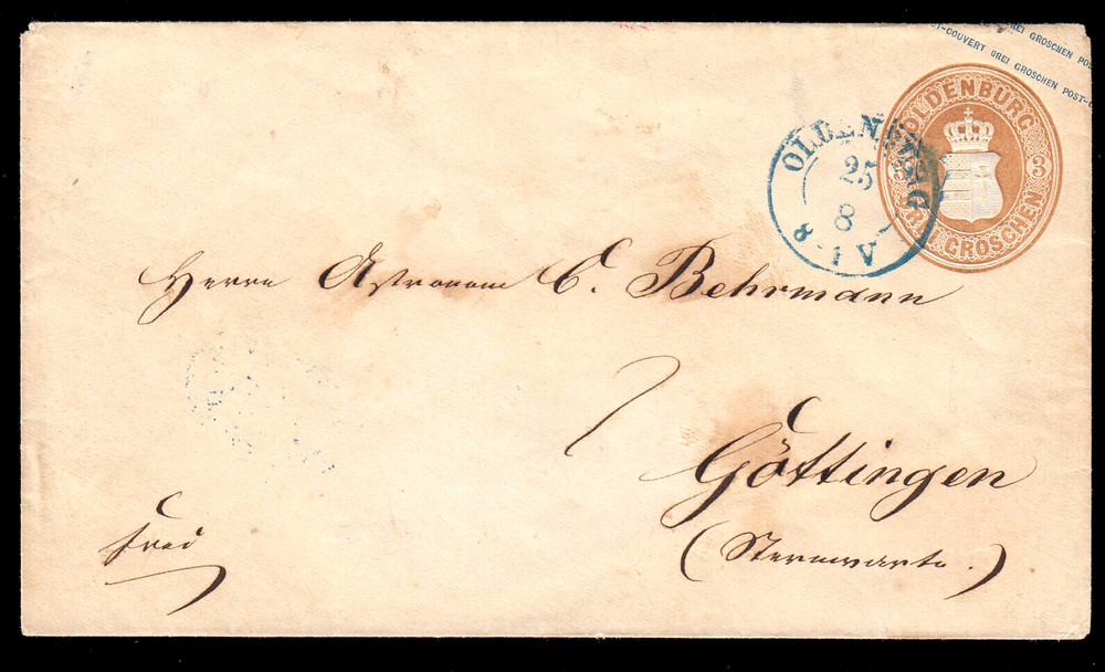 Oldenburg U 12, 3 Gr. Entire postal stationery cover from Oldenburg to Göttingen